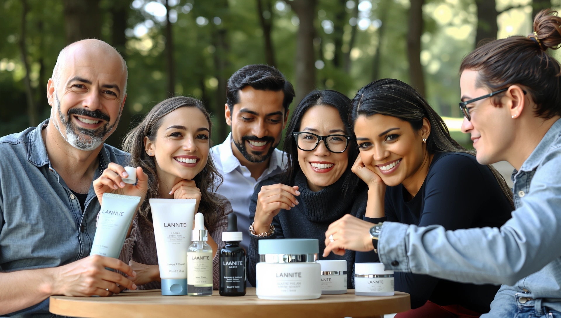 Diverse healthy individuals in natural setting with premium minimalist product packaging, symbolizing vitality and glow.