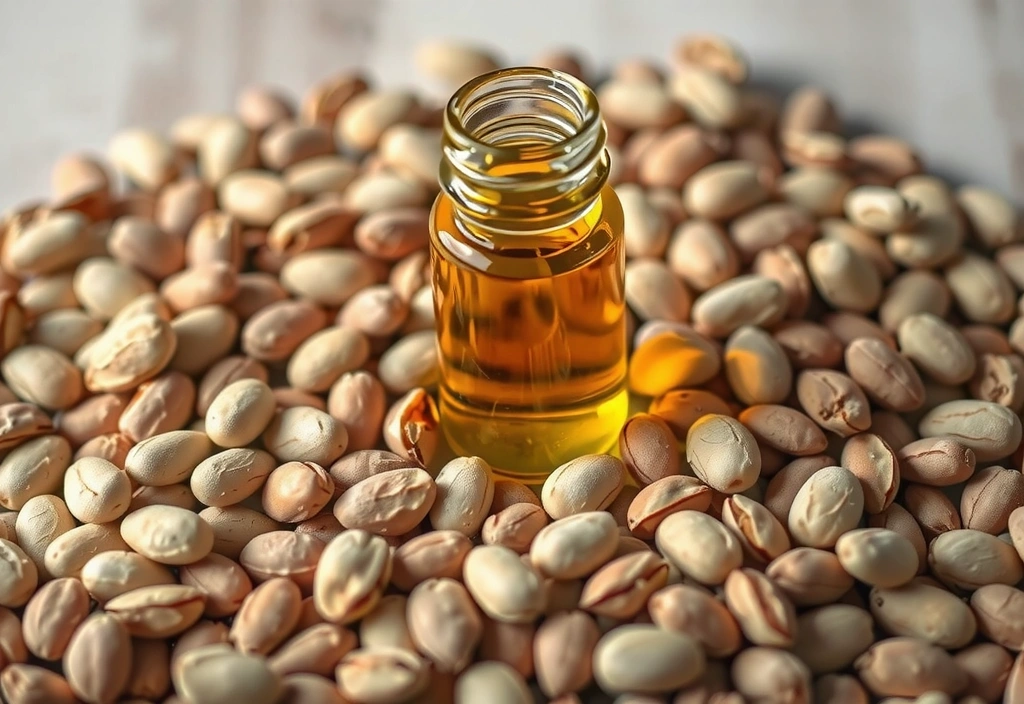 Close-up of Jojoba seeds and golden Jojoba oil in a small glass vial, highlighting its natural richness.