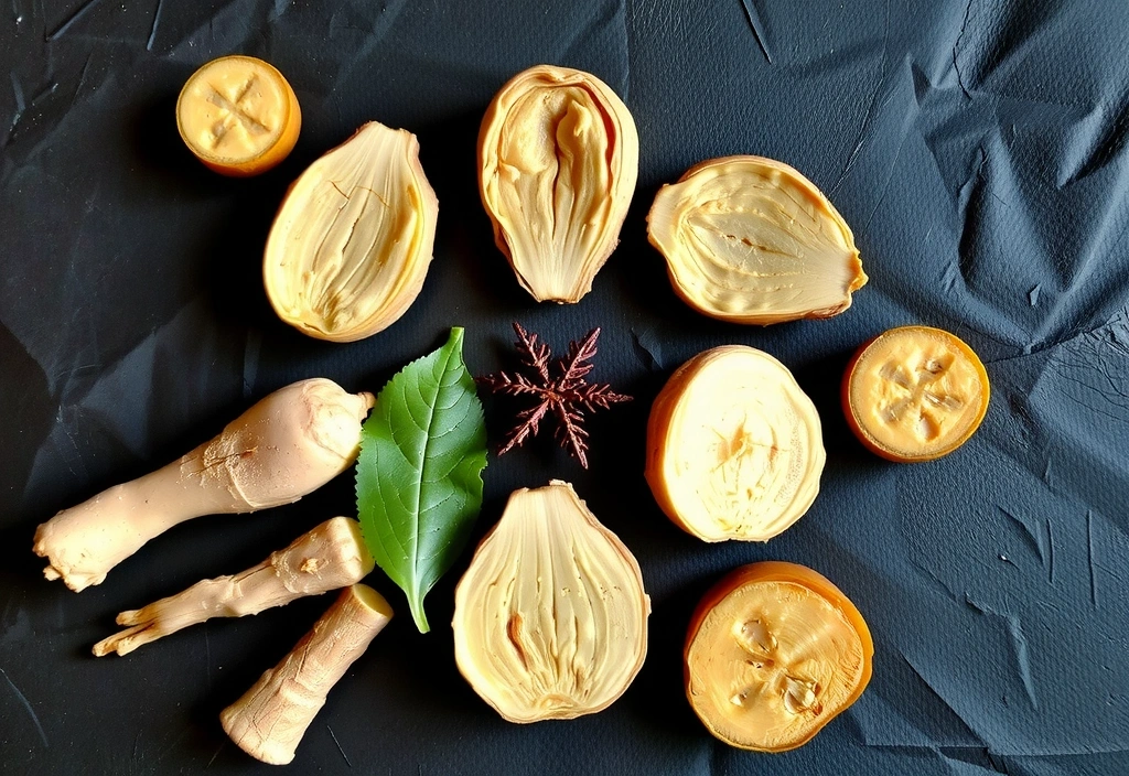 Ginseng roots and dried slices, highlighting its adaptogenic qualities.